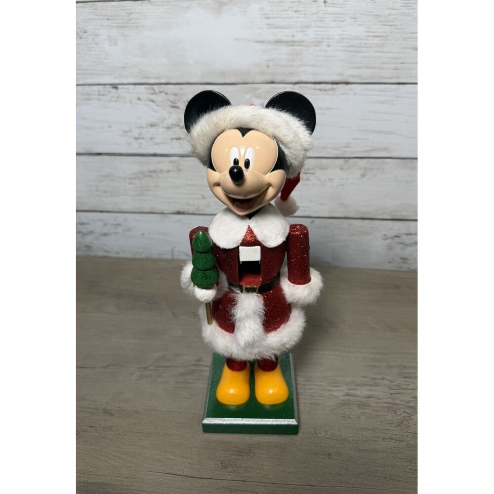 Disney Christmas Santa Mickey Mouse Wood Nutcracker w/ Tree Figure 10" 2015